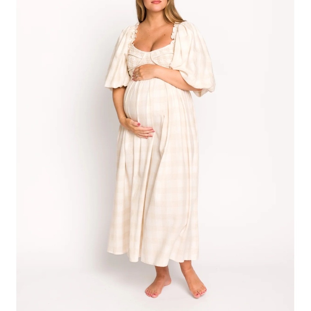Worth Collective Maxi Smocked Bodice Puff Sleeve Dress in Beige Plaid - Picture 7 of 9
